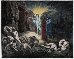Inferno, canto 9: De engel opent de poorten, illustratie uit De goddelijke komedie van Dante Alighieri, 1885, digitaal ingekleurde gravure, naar Gustave Doré